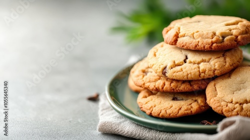 A close-up shot captures a stack of cookies featuring rich chocolate chunks on a light, textured background, presenting an appealing and inviting treat for all. photo