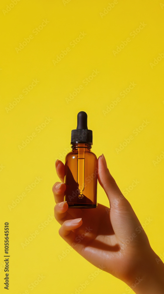 Hand holding vitamin c serum bottle against vibrant yellow background for skincare design Hand holding vitamin c serum bottle against vibrant yellow background for skincare design
