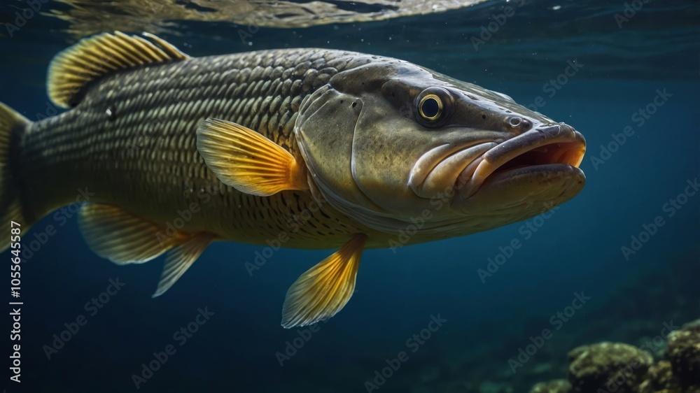 A close-up view of a fish swimming underwater, showcasing its details and vibrant colors. A close-up view of a fish swimming underwater, showcasing its details and vibrant colors.