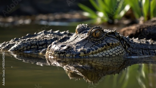 A close-up of a crocodile partially submerged in water, showcasing its textured skin and eye.