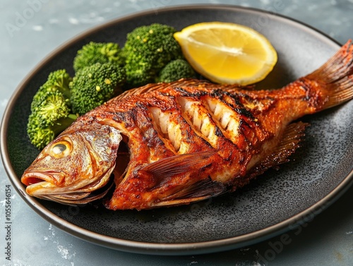 Plate with Fish and Broccoli photo