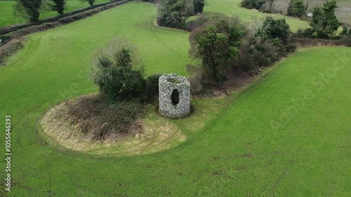 Drone footage of Irish round tower, Maghera, county Down, Ireland photo