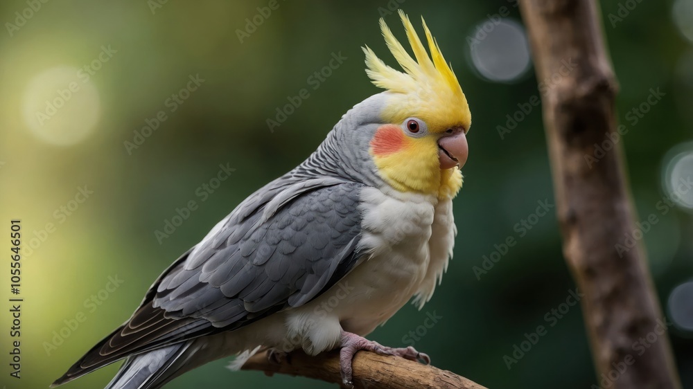 A colorful cockatiel perched on a branch, showcasing its vibrant yellow crest and feathers. A colorful cockatiel perched on a branch, showcasing its vibrant yellow crest and feathers.