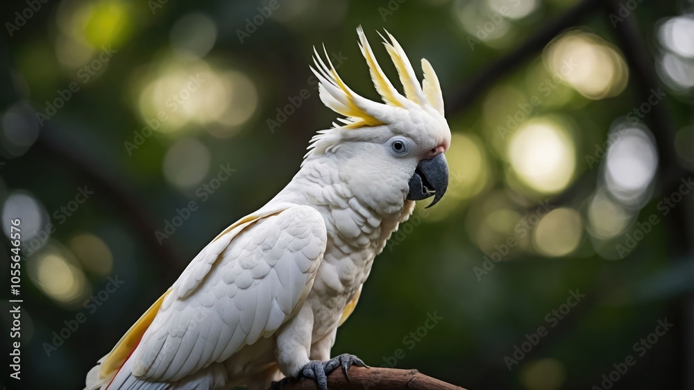 A white cockatoo with a yellow crest perched on a branch, surrounded by a blurred green background. A white cockatoo with a yellow crest perched on a branch, surrounded by a blurred green background.