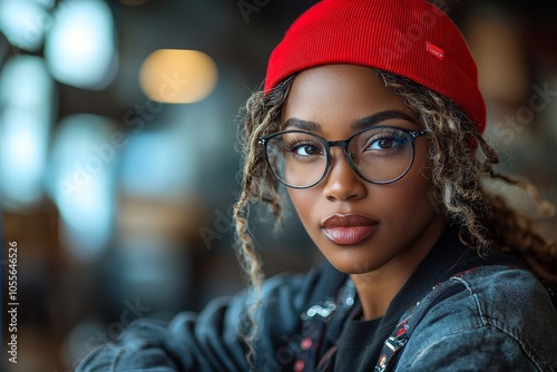 Confident woman in red beanie and glasses with soft focus background