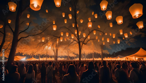 A crowd of people is releasing glowing lanterns into the sky in celebration of Vesak Day. photo