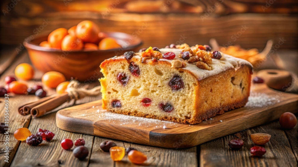 A slice of cranberry walnut cake dusted with powdered sugar on a wooden cutting board surrounded by assorted berries and cinnamon sticks