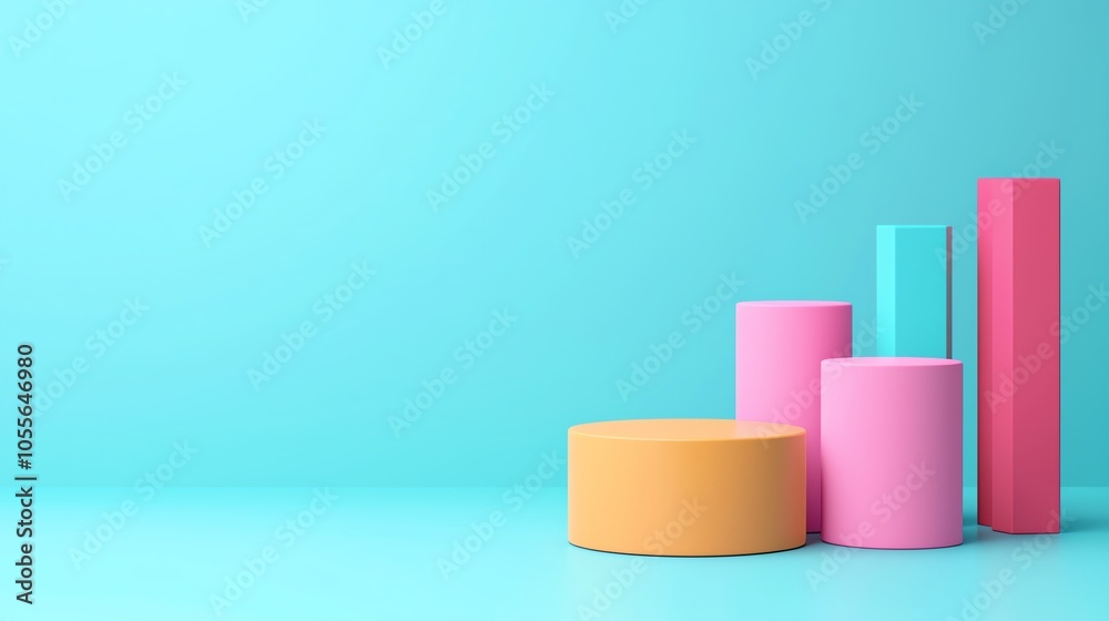 Colorful 3D cylindrical shapes showcasing a rising bar graph on a vibrant blue background, perfect for data visualization.
