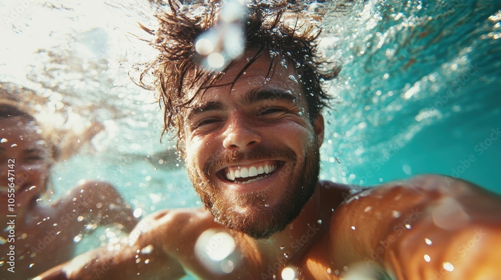 A young man joyfully takes an underwater selfie with a beaming smile, surrounded by bubbles and sunlight filtering through sparkling blue water in a swimming pool. A young man joyfully takes an underwater selfie with a beaming smile, surrounded by bubbles and sunlight filtering through sparkling blue water in a swimming pool.
