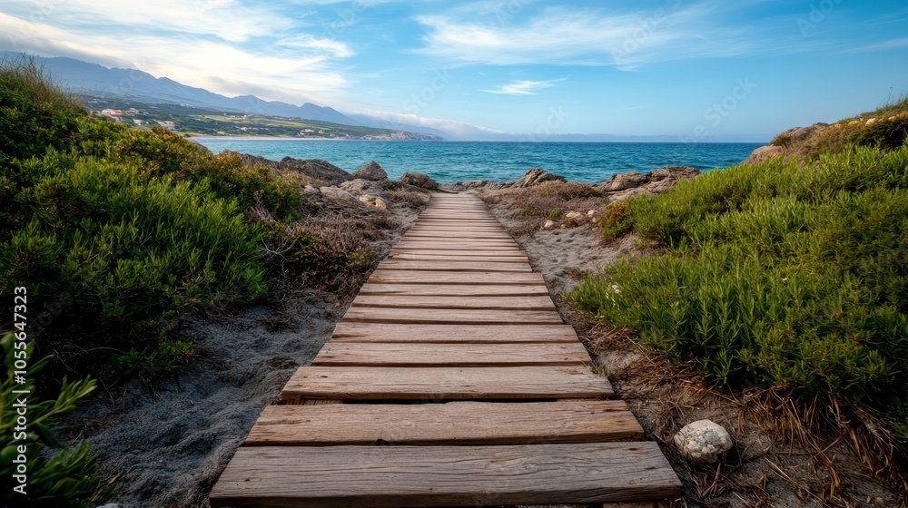 A charming wooden boardwalk guides the way through lush coastal vegetation toward a breathtaking view of the ocean, evoking adventure and relaxation by the sea. A charming wooden boardwalk guides the way through lush coastal vegetation toward a breathtaking view of the ocean, evoking adventure and relaxation by the sea.