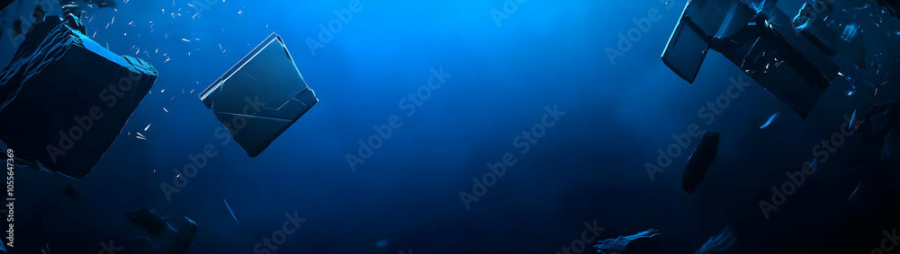 A digital scene depicting floating gaming consoles in a blue underwater environment. A digital scene depicting floating gaming consoles in a blue underwater environment.