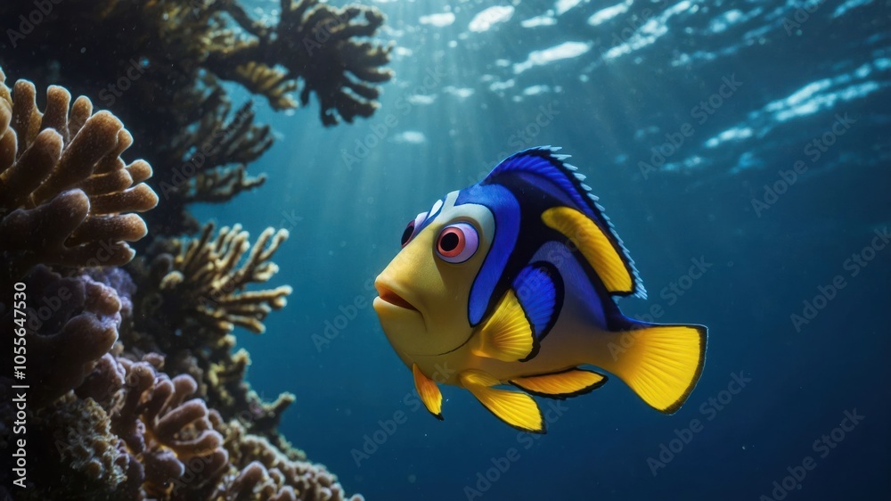 A vibrant underwater scene featuring a colorful fish swimming near coral reefs. A vibrant underwater scene featuring a colorful fish swimming near coral reefs.