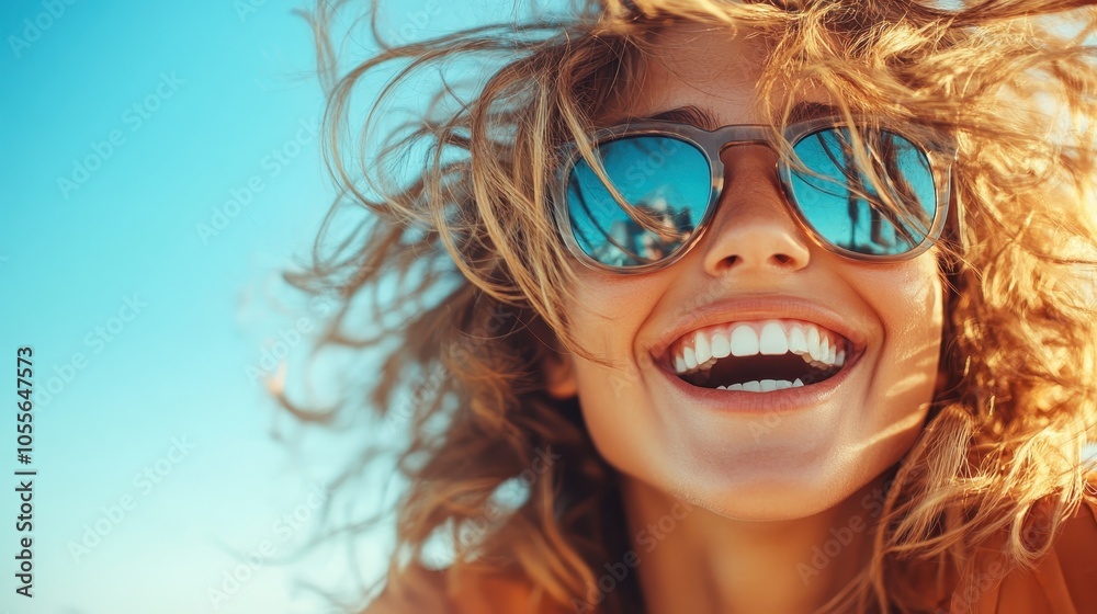 A joyful woman with wild hair wearing sunglasses smiles broadly under a clear blue sky, capturing a carefree and vibrant moment of happiness and spontaneity. A joyful woman with wild hair wearing sunglasses smiles broadly under a clear blue sky, capturing a carefree and vibrant moment of happiness and spontaneity.