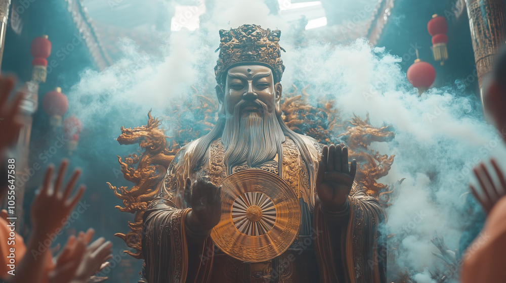 Che Kung Festival, the majestic statue of Che Kung in the center of the temple with visitors praying while holding fans and spinning the wheel of fortune, incense smoke wafting gently in the air, Che Kung Festival, the majestic statue of Che Kung in the center of the temple with visitors praying while holding fans and spinning the wheel of fortune, incense smoke wafting gently in the air,