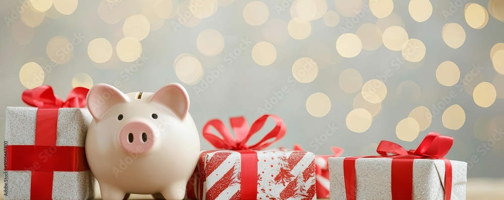 A cheerful piggy bank is surrounded by beautifully wrapped gifts, set against a soft, warm background with sparkling bokeh lights. A cheerful piggy bank is surrounded by beautifully wrapped gifts, set against a soft, warm background with sparkling bokeh lights.