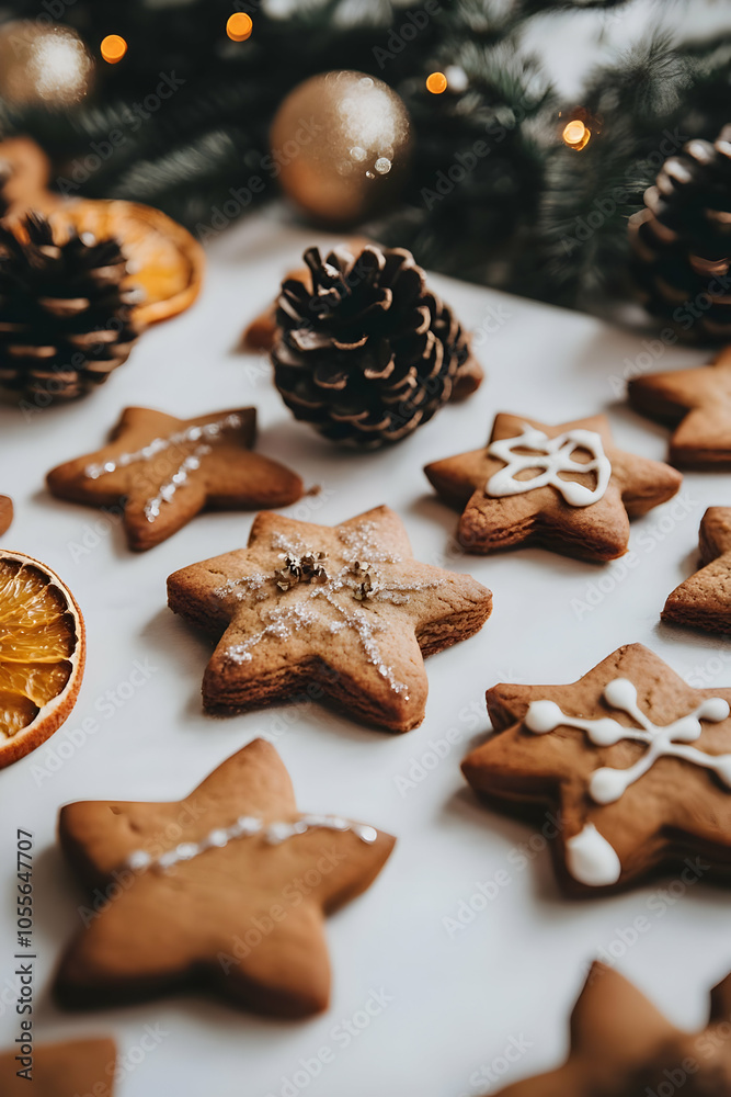 A festive arrangement of star-shaped cookies, pinecones, and dried oranges for holiday decor.