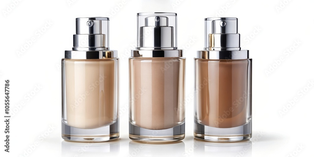 Three bottles of foundation in different shades, each with a silver pump top and a clear glass body, against a white background Three bottles of foundation in different shades, each with a silver pump top and a clear glass body, against a white background