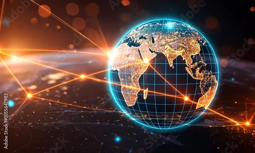 Tech Earth Globalization networking, orange line lights transmit data