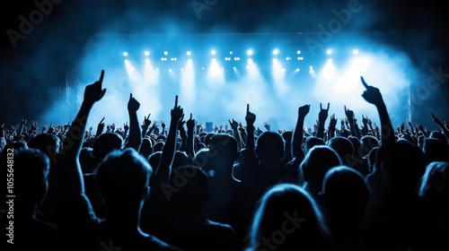 Silhouettes of concert audience with raised hands in music festival setting with bright stage lights and smoke