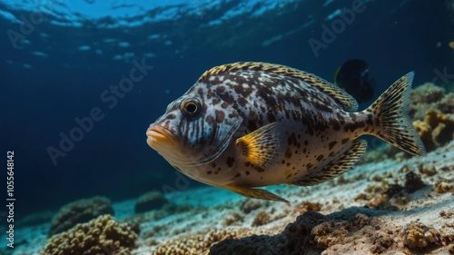 A close-up of a spotted fish swimming near coral on the ocean floor.