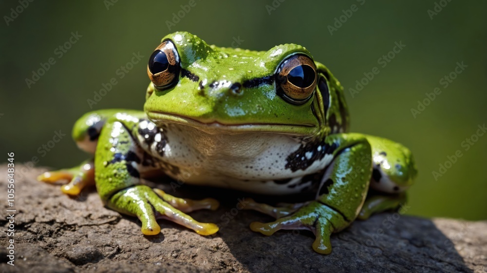 A close-up of a vibrant green frog resting on a log, showcasing its detailed features. A close-up of a vibrant green frog resting on a log, showcasing its detailed features.