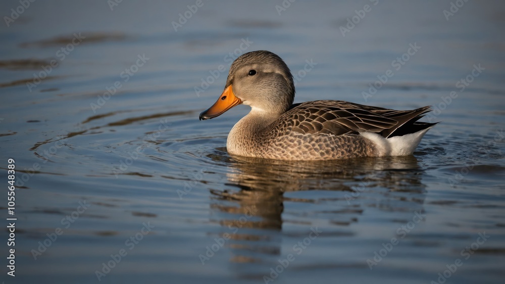 A duck swimming gracefully on calm water, reflecting its image in the surface. A duck swimming gracefully on calm water, reflecting its image in the surface.