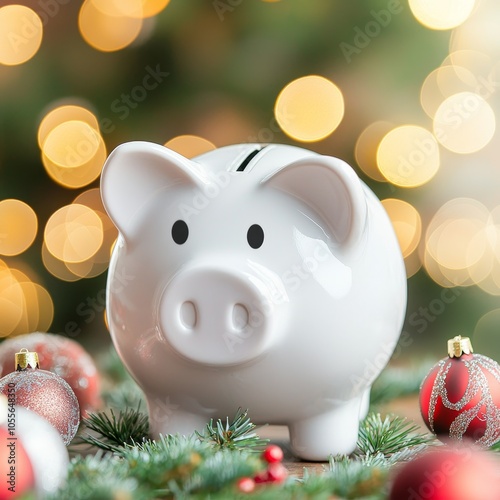 A cute white piggy bank surrounded by festive ornaments, set against a backdrop of soft, blurred Christmas lights.