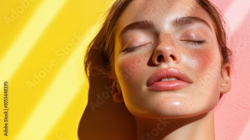 A close-up image showcasing a woman's face with closed eyes and freckles illuminated by sunlight against a vibrant yellow background, epitomizing pure tranquility.