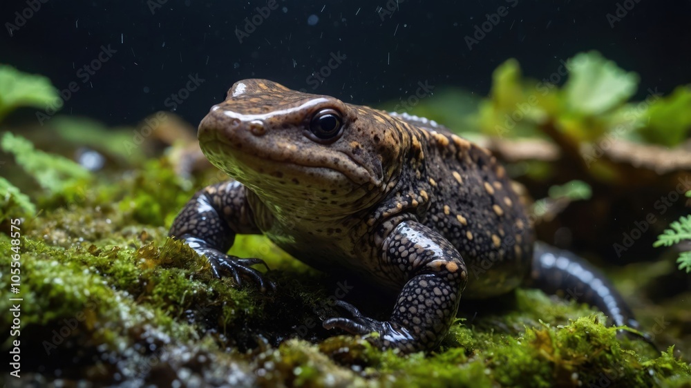 A close-up of a textured amphibian resting on moss in a natural setting. A close-up of a textured amphibian resting on moss in a natural setting.