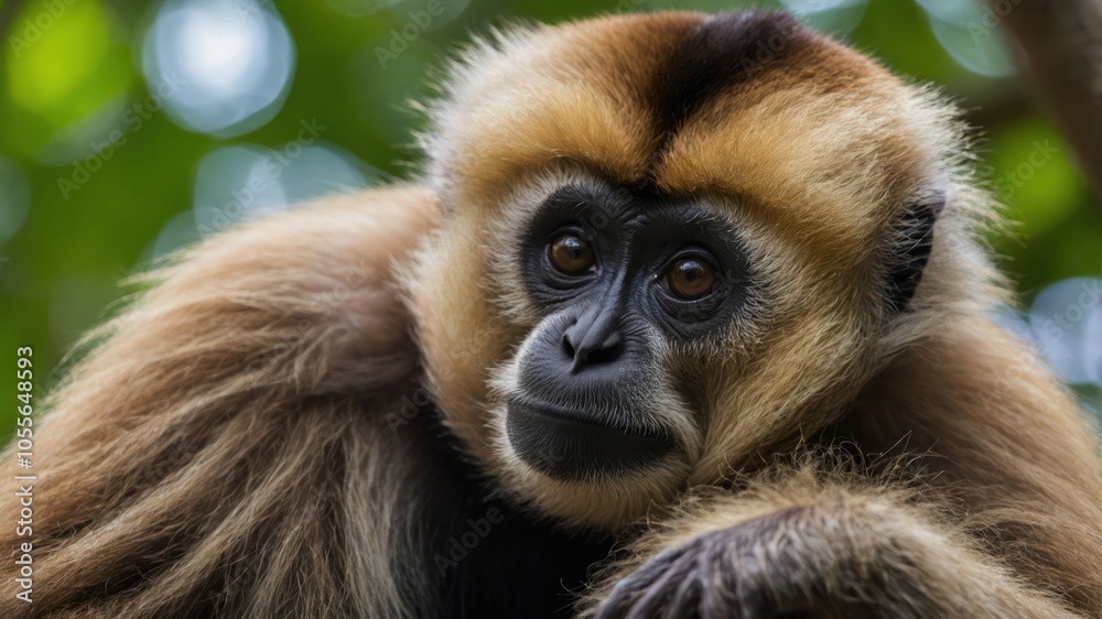 A close-up of a gibbon with expressive eyes and soft fur, showcasing its natural beauty.