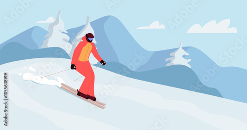 Alpine Ski. Woman Skier at Ski Resort. Winter Seasonal Recreation in Mountings. Wintertime Vacation Vector Illustration.