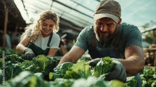 Wallpaper Mural A bearded man and a young woman are cheerfully harvesting green leafy vegetables together in a thriving garden, under a large protective greenhouse structure. Torontodigital.ca