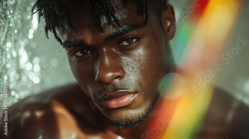 A close-up captures a person's intense gaze with water droplets on their face, evoking emotions of strength and determination in a dramatic and artistic style.