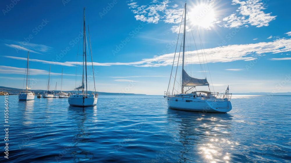 Fototapeta premium Sailboats on calm blue sea under clear sky in serene seascape