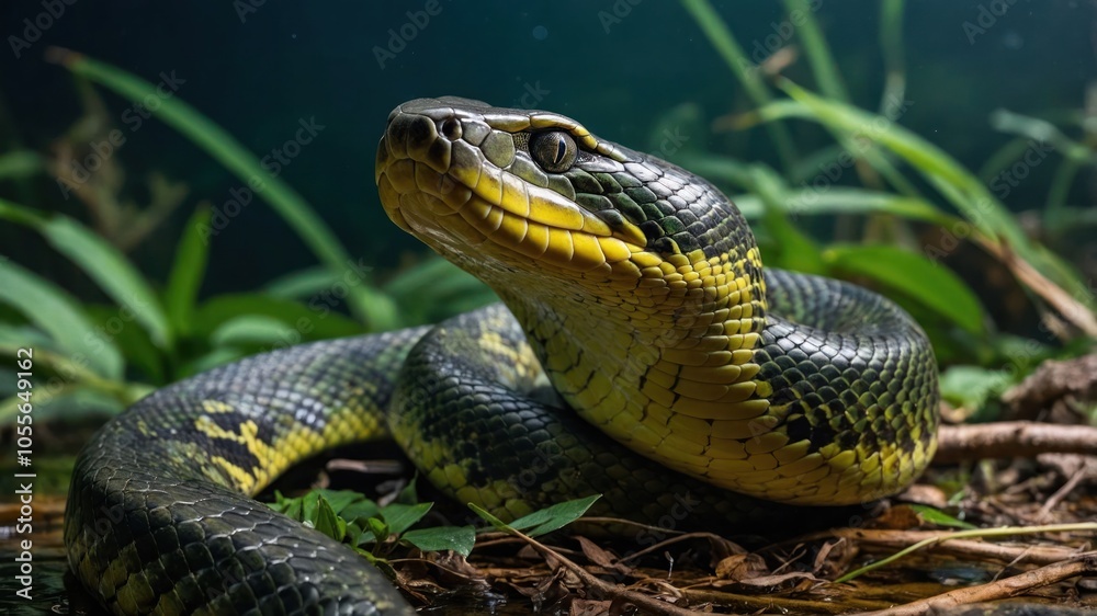 A close-up of a vibrant green and yellow snake in a natural setting. A close-up of a vibrant green and yellow snake in a natural setting.