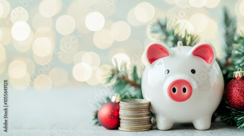 A festive piggy bank surrounded by Christmas decorations and trees, symbolizing savings and holiday spirit. photo