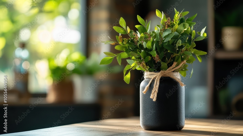 Lush green leaves are artistically arranged in a matte black pot placed on a wooden table, bringing a touch of nature indoors with modern elegance and simplicity. Lush green leaves are artistically arranged in a matte black pot placed on a wooden table, bringing a touch of nature indoors with modern elegance and simplicity.