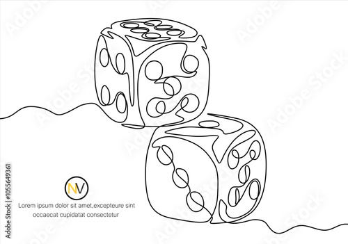 Two dices one line vector illustration. Continuous contour drawing of game dice.