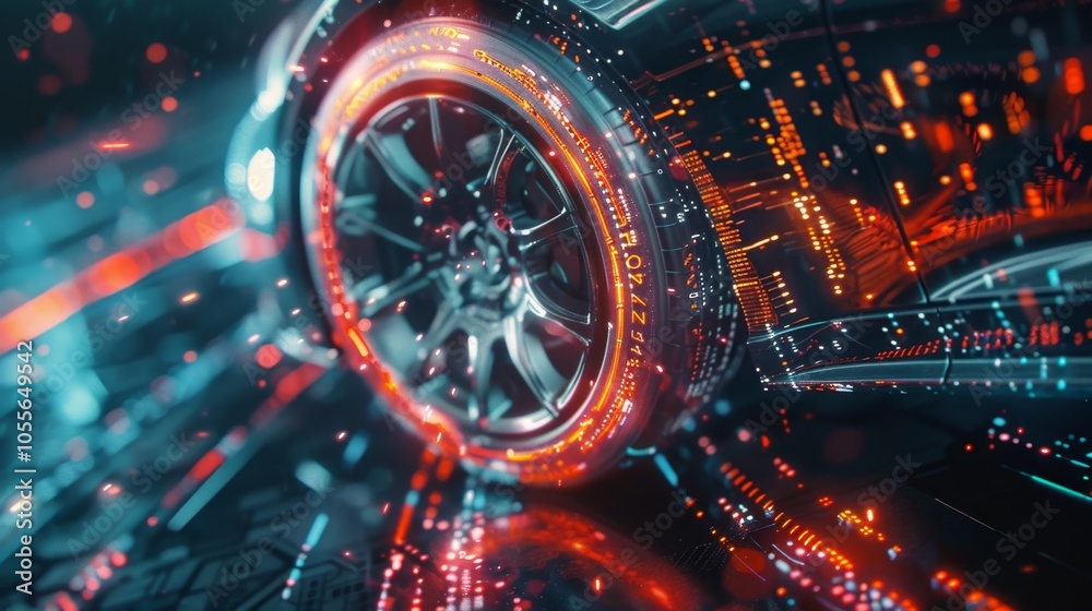 A car tire with a glowing orange rim. The tire is surrounded by a bright blue background. The image has a futuristic and sci-fi feel to it
