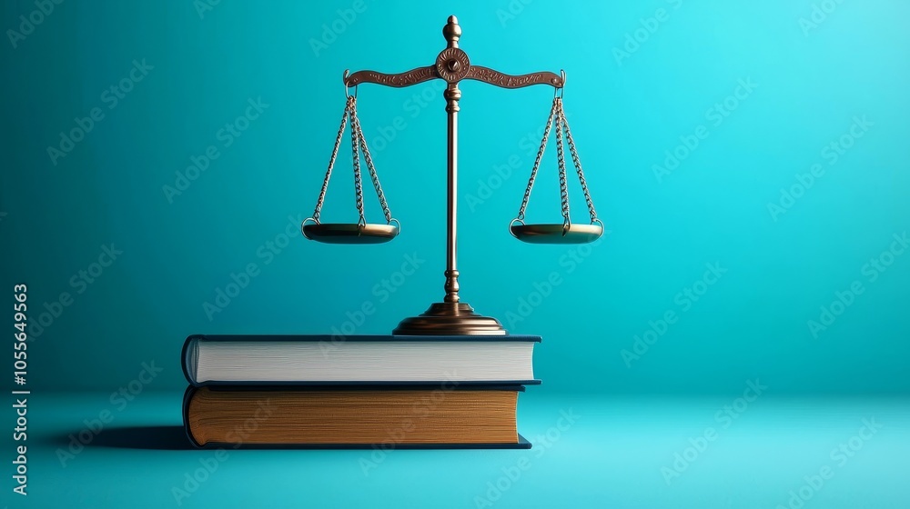 A golden scale of justice rests on two stacked books against a teal background, symbolizing law, balance, and legal education. A golden scale of justice rests on two stacked books against a teal background, symbolizing law, balance, and legal education.