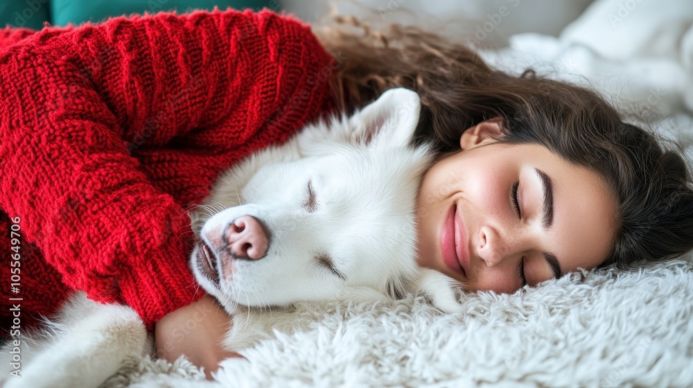 Obraz premium A content woman in a red sweater cuddles a fluffy white dog on a cozy blanket, epitomizing a moment of warmth and affection in a serene home environment.