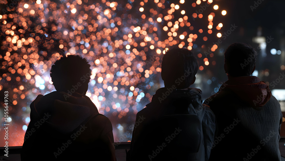 Three individuals watching a vibrant fireworks display at night. Three individuals watching a vibrant fireworks display at night.