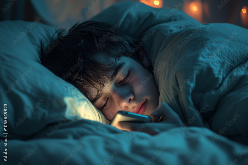 A teenager scrolling through their phone in bed late at night.A young boy is peacefully sleeping in his bed while gazing at his cell phone A teenager scrolling through their phone in bed late at night.A young boy is peacefully sleeping in his bed while gazing at his cell phone