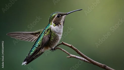 A vibrant hummingbird perched on a branch, showcasing its colorful plumage and delicate features.