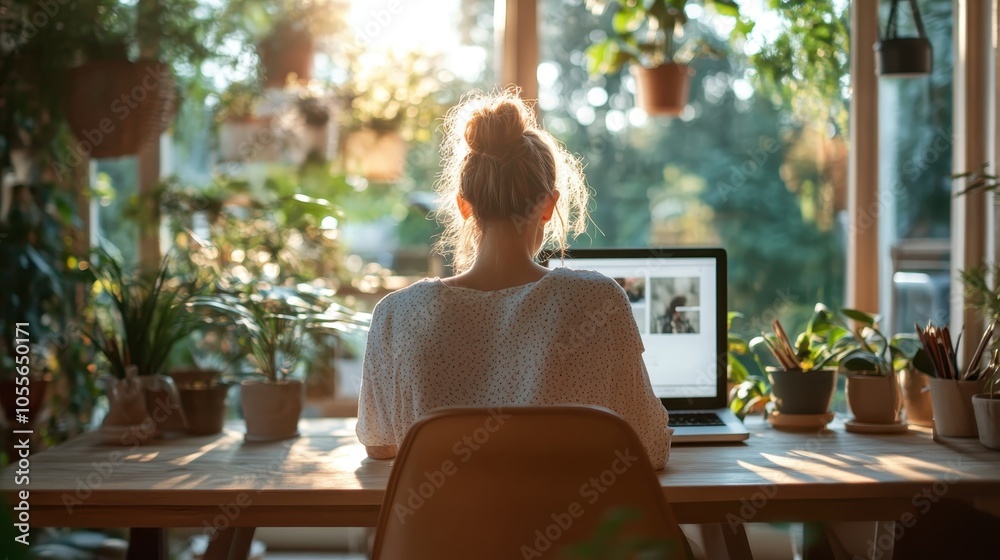 A peaceful workspace bathed in natural sunlight, featuring an individual working on a laptop surrounded by lush plants, creating a harmonious and inspiring environment. A peaceful workspace bathed in natural sunlight, featuring an individual working on a laptop surrounded by lush plants, creating a harmonious and inspiring environment.