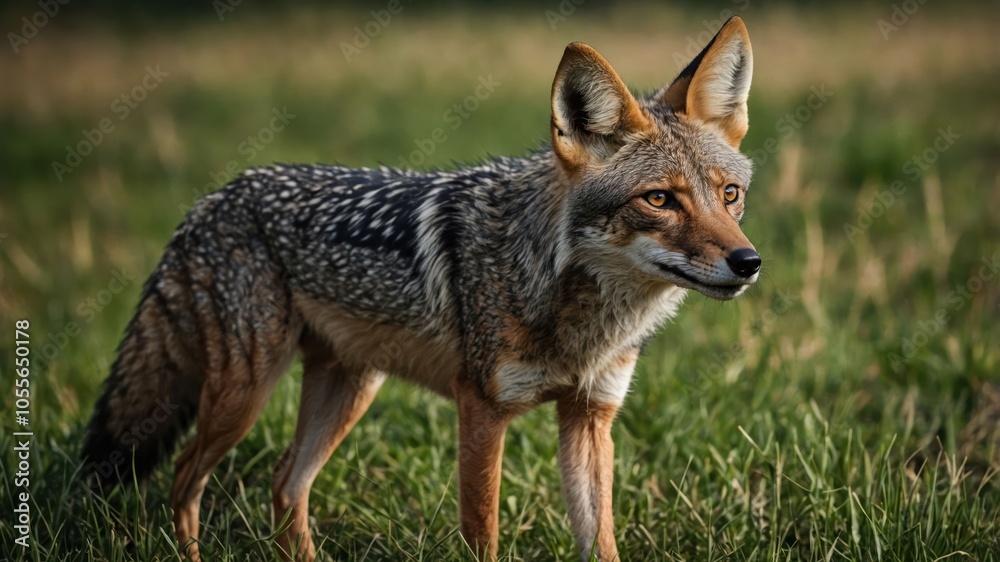 A close-up of a coyote standing in a grassy field, showcasing its features and environment. A close-up of a coyote standing in a grassy field, showcasing its features and environment.