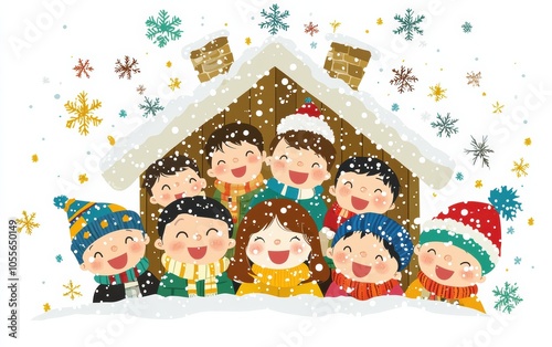 Wallpaper Mural A joyful group of children smiling in winter attire, surrounded by snowfall and festive decorations, capturing the essence of holiday cheer. Torontodigital.ca