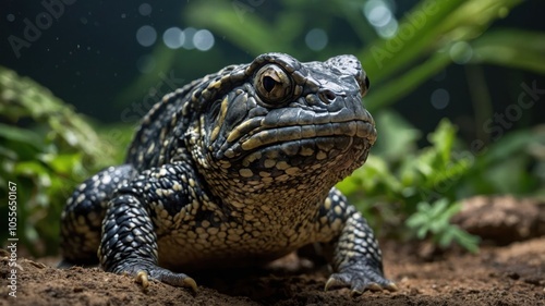 A close-up of a textured amphibian in a natural aquatic environment.