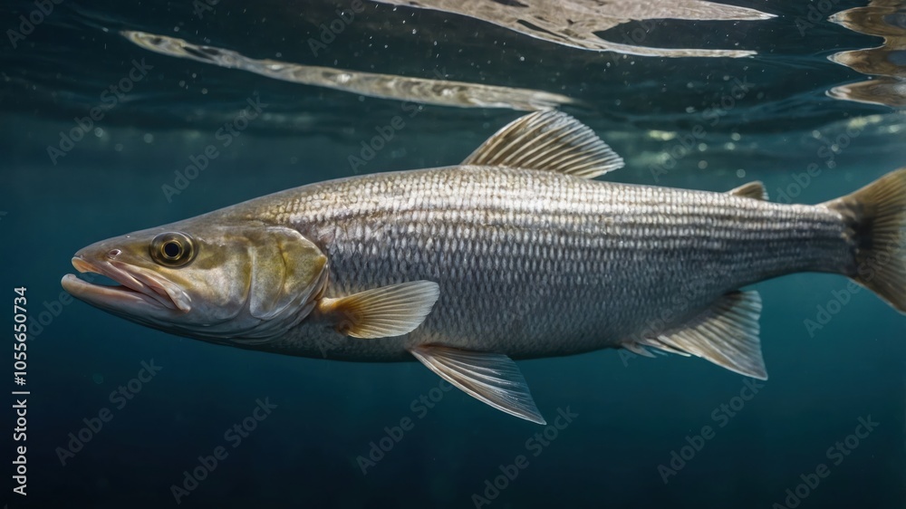 A close-up view of a fish swimming underwater, showcasing its scales and fins. A close-up view of a fish swimming underwater, showcasing its scales and fins.