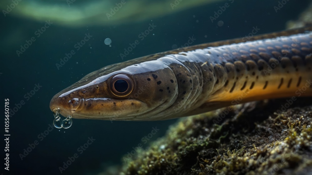 A close-up of a fish with bubbles, showcasing underwater life and aquatic detail.